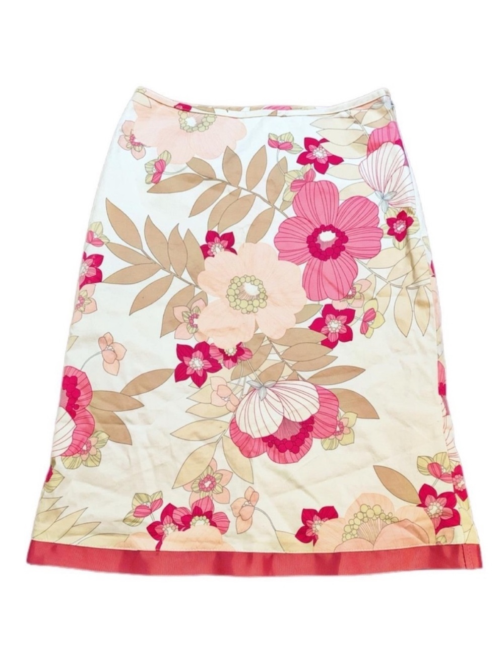 Vintage Y2K RW&CO. Pink Tropical Floral Midi Skirt Ribbon Trim - Size 00